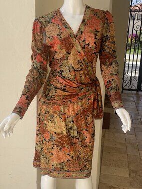 Vintage LEONARD Signed 100% Silk with Gold Floral Print Dress France Size 3
